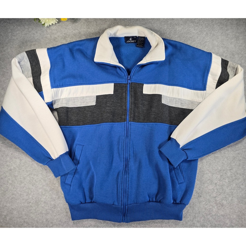 Vintage Jockey Men Medium Blue Colorblock Full Zip Fleece Track Jacket 90s Retro